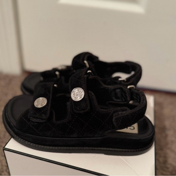 CHANEL Black Velvet Dad Sandal with Silver Accents - Picture 2 of 6